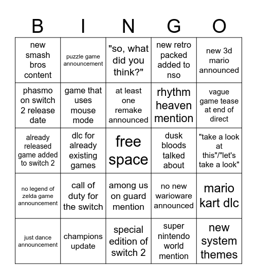 Nintendo Direct Bingo Card
