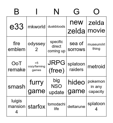 69 nintendo direct Bingo Card
