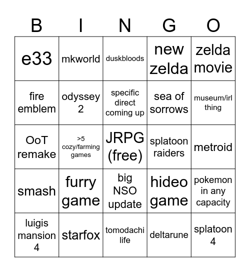 69 nintendo direct Bingo Card