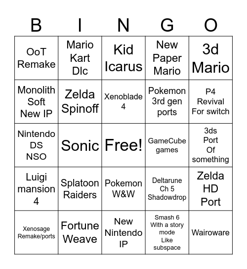 Nintendo Bingo Card