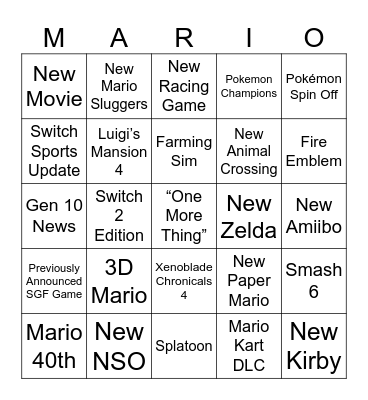 Nintendo Direct 6/9 Edition Bingo Card