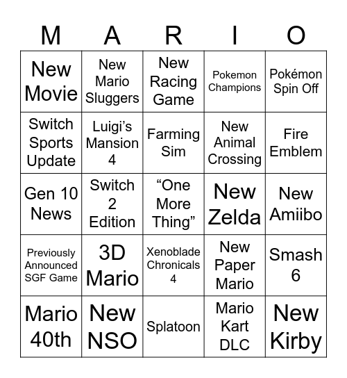 Nintendo Direct 6/9 Edition Bingo Card