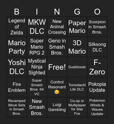 Nintendo Direct Bingo Card