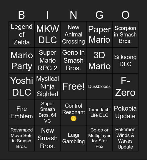 Nintendo Direct Bingo Card