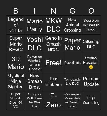 Nintendo Direct Bingo Card