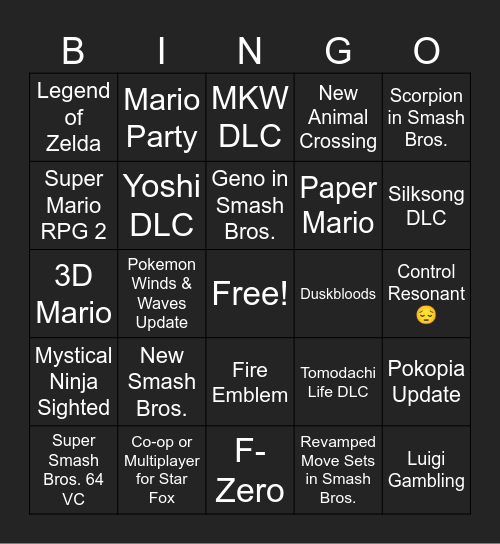 Nintendo Direct Bingo Card