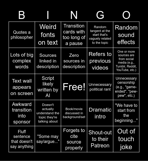 Video Essay Bingo Card