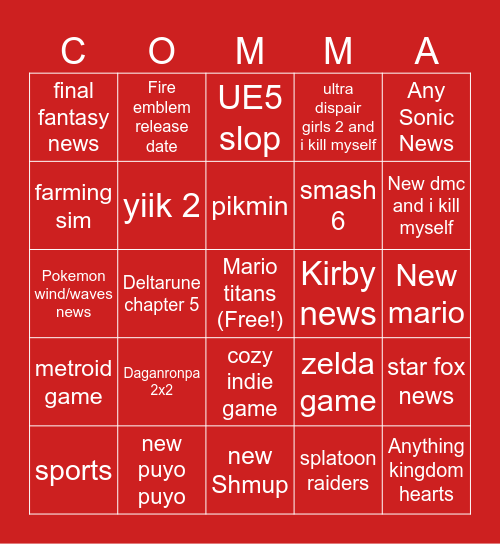 Nintendo direct BINGOOOOOOOOOOO!!! Bingo Card