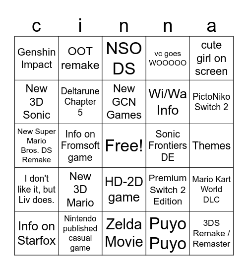 cinna's Nintendo Direct bingo Card