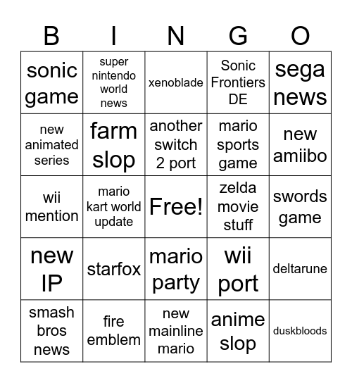 Nintendo Direct 6/9/26 Bingo Card