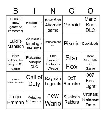 June 2026 Nintendo Direct Bingo Card