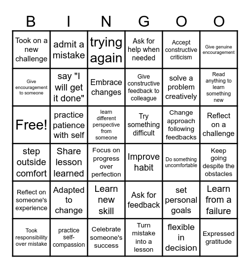 Growth Mindset Bingo Card