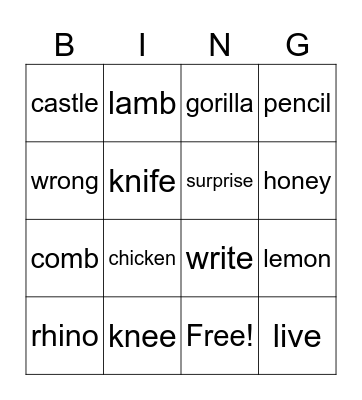 Silent Letters Bingo Card