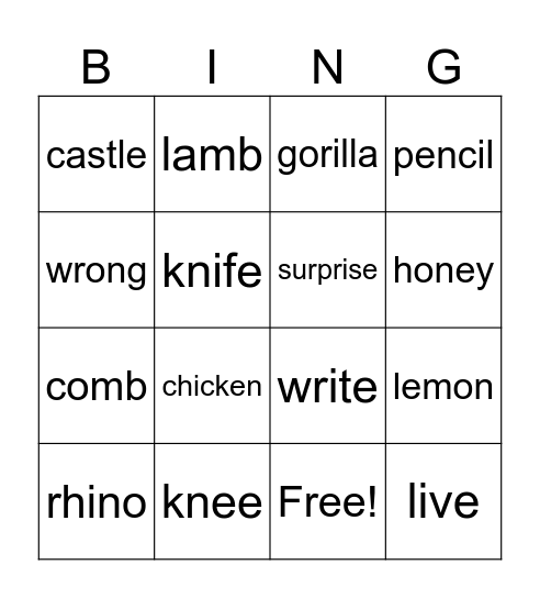 Silent Letters Bingo Card
