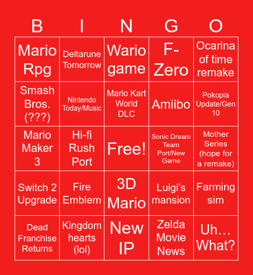 Nintendo direct 6/9/2026 Bingo Card