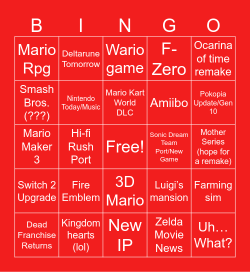 Nintendo direct 6/9/2026 Bingo Card
