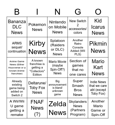 Nintendo Direct June 2026 Bingo Card