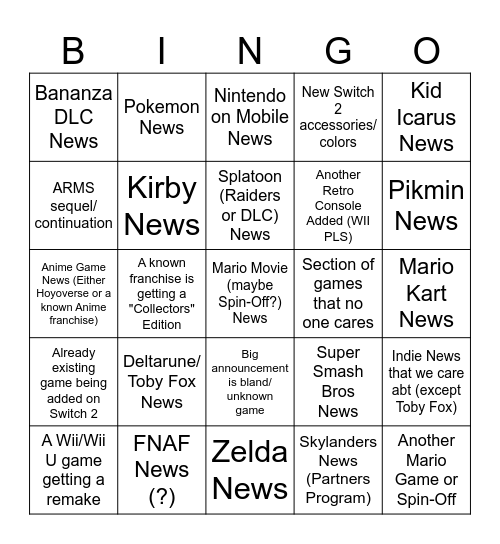 Nintendo Direct June 2026 Bingo Card
