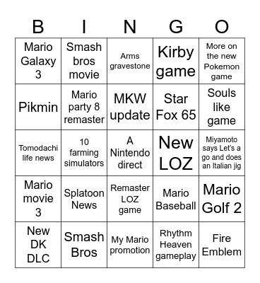 Nintendo direct Bingo Card