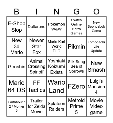 Nintendo Cope Direct Bingo Card
