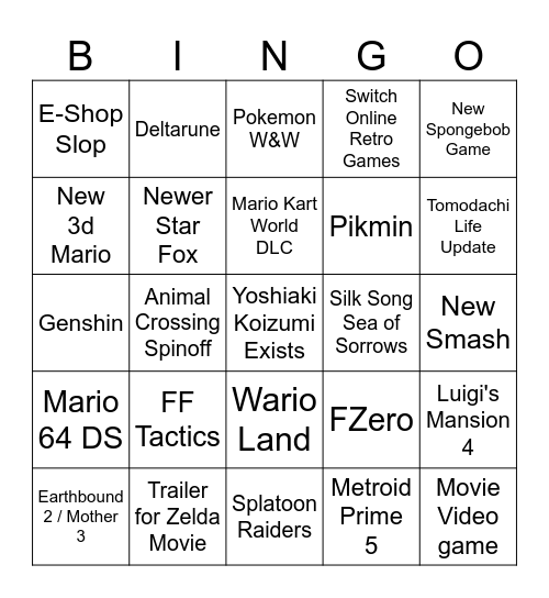 Nintendo Cope Direct Bingo Card