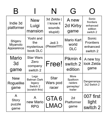 Nintendo direct June 2026 Bingo Card