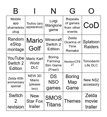 Nintendo Direct 2026 Bingo Card