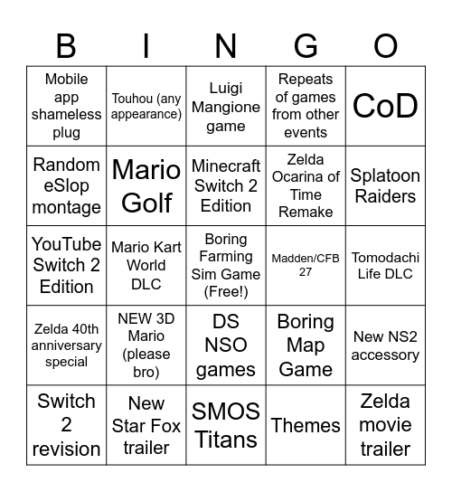 Nintendo Direct 2026 Bingo Card