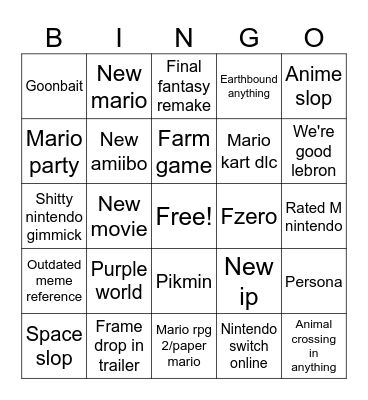 Nintendo direct Bingo Card
