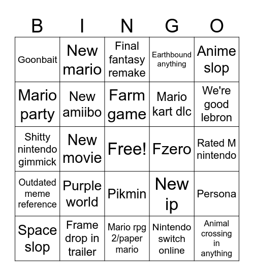 Nintendo direct Bingo Card