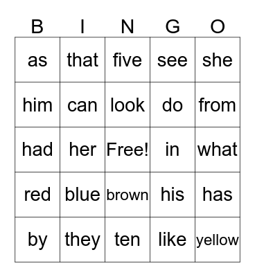 Sight Words Bingo Card