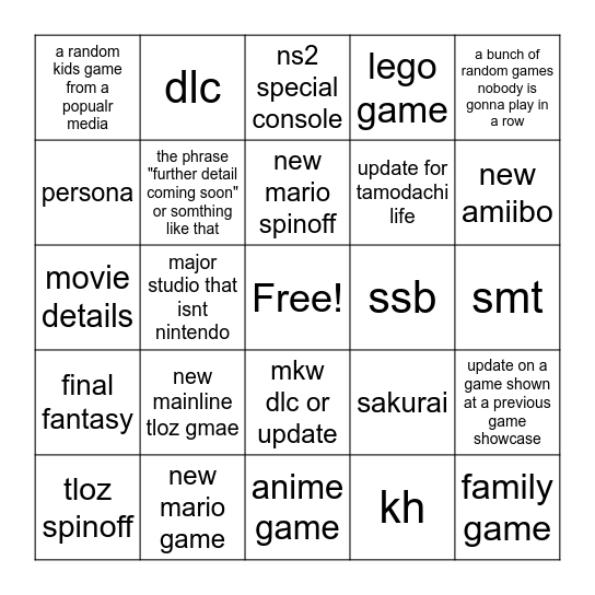 nintendo direct bingo Card