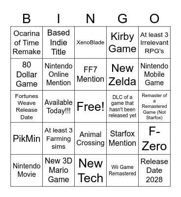 Nintendo Switch Bingo Card