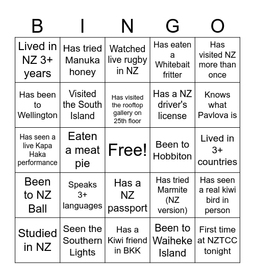 Kiwi Alumni Night Bingo Card