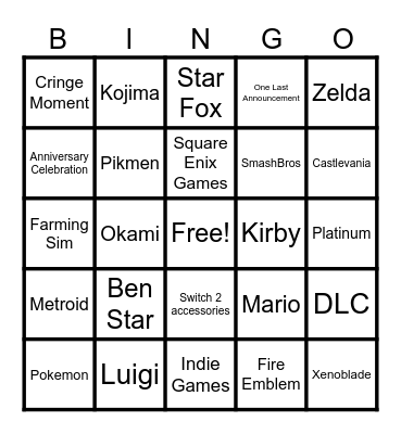 Nintendo Direct 6/9/2026 Bingo Card