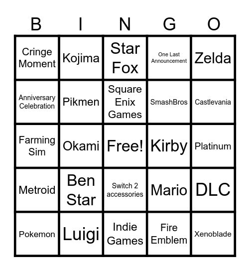 Nintendo Direct 6/9/2026 Bingo Card