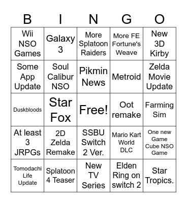 Nintendo Direct 6/9/26 Bingo Card