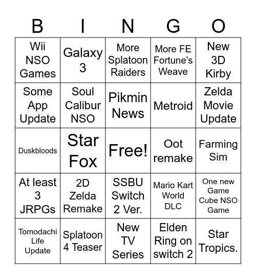 Nintendo Direct 6/9/26 Bingo Card