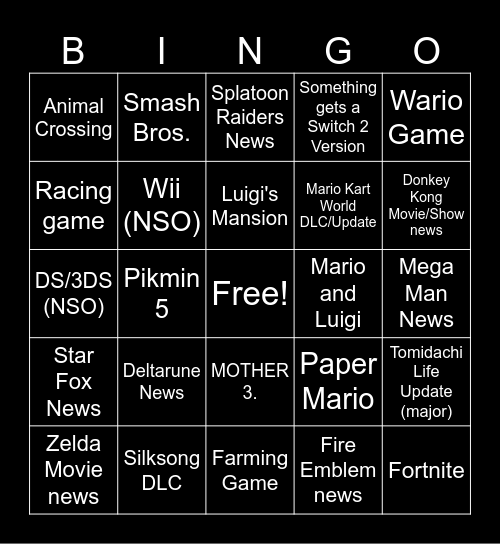 Nintendo Direct 6/10 Bingo Card