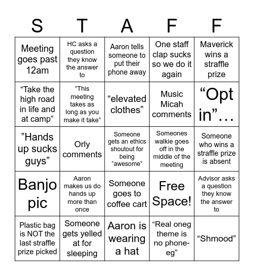 Staff Meeting Bingo Card