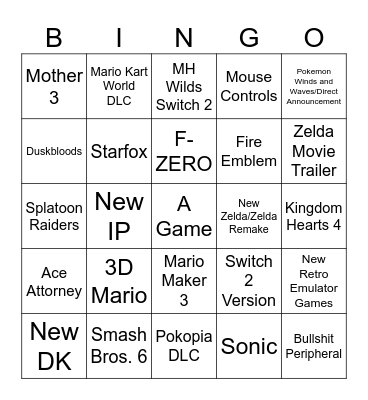 Nintendo Direct Bingo Card
