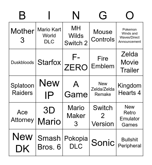 Nintendo Direct Bingo Card