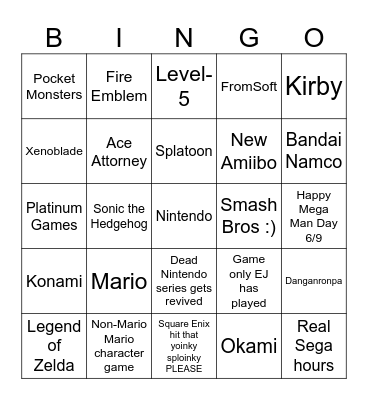 Nintendo Direct 6/9/2026 Bingo Card