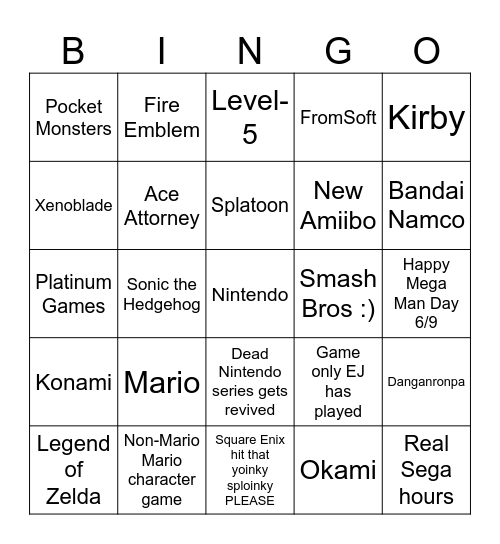 Nintendo Direct 6/9/2026 Bingo Card