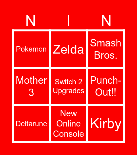 Nintendo Direct Bingo Card