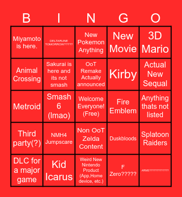Nintendo Direct 6/9/26 Bingo Card