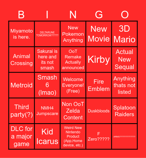 Nintendo Direct 6/9/26 Bingo Card
