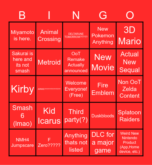 Nintendo Direct 6/9/26 Bingo Card