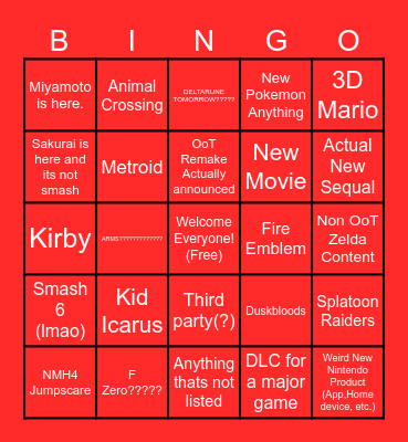 Nintendo Direct 6/9/26 Bingo Card