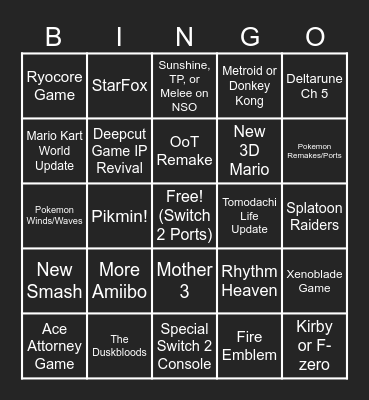 Nintendo Direct June 2026 Bingo Card